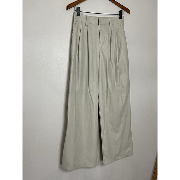 Asos Design Women's 4 High Rise Faux Leather Beige Wide Leg Pants Pleated - Picture 2 of 8